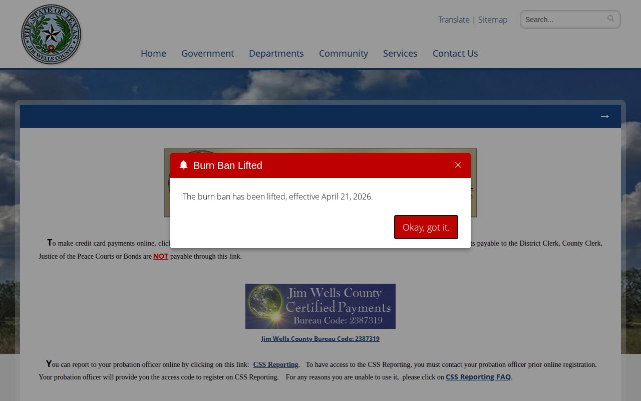 Jim Wells County probation CSS access-code page for supervision records