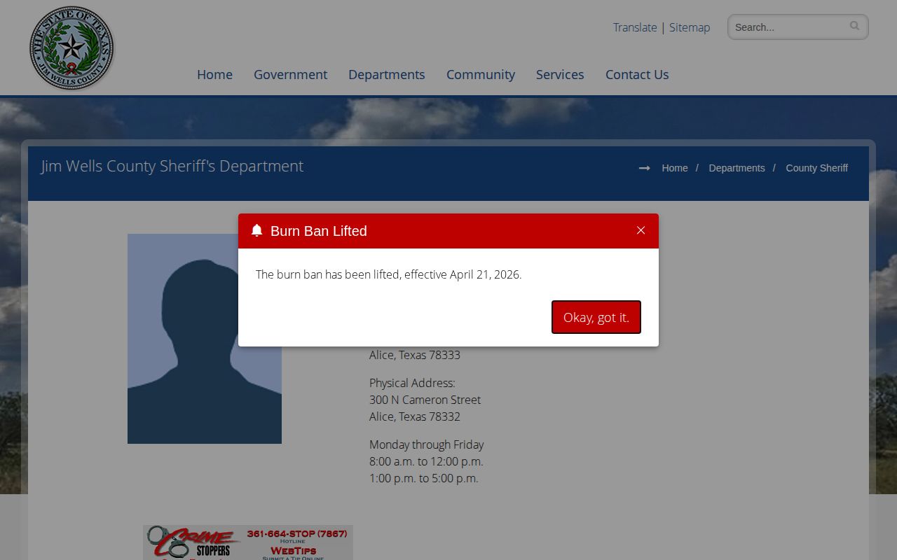 Jim Wells County Sheriff contact details for jail release records