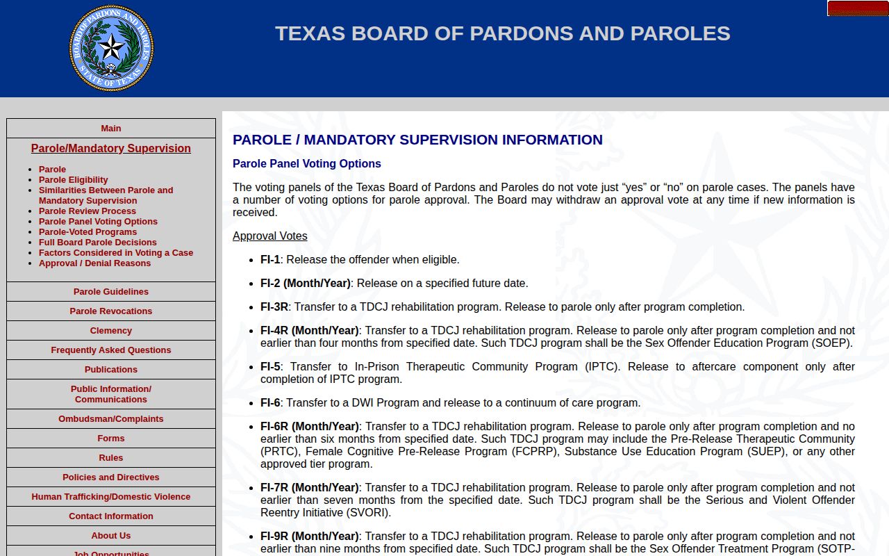 Texas BPP decision codes for Jim Wells County parole release records