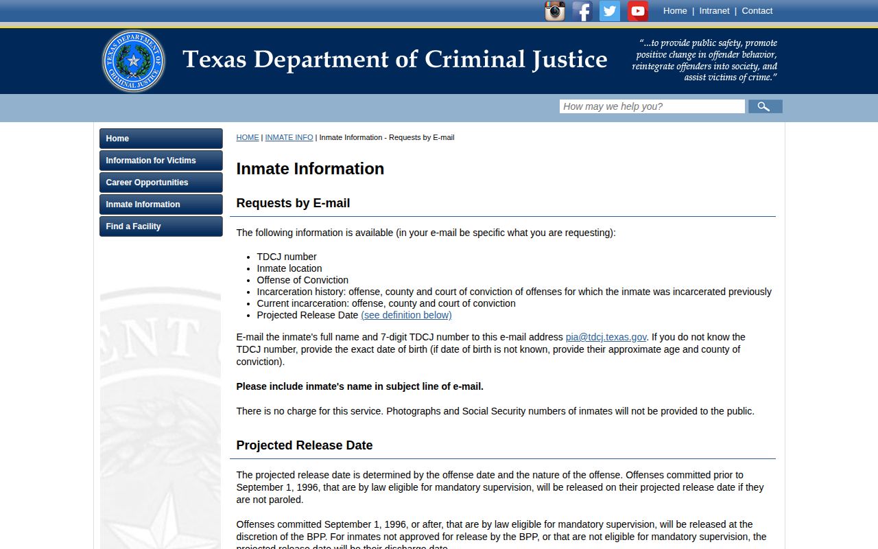 Official TDCJ projected release definition for Jim Wells County records