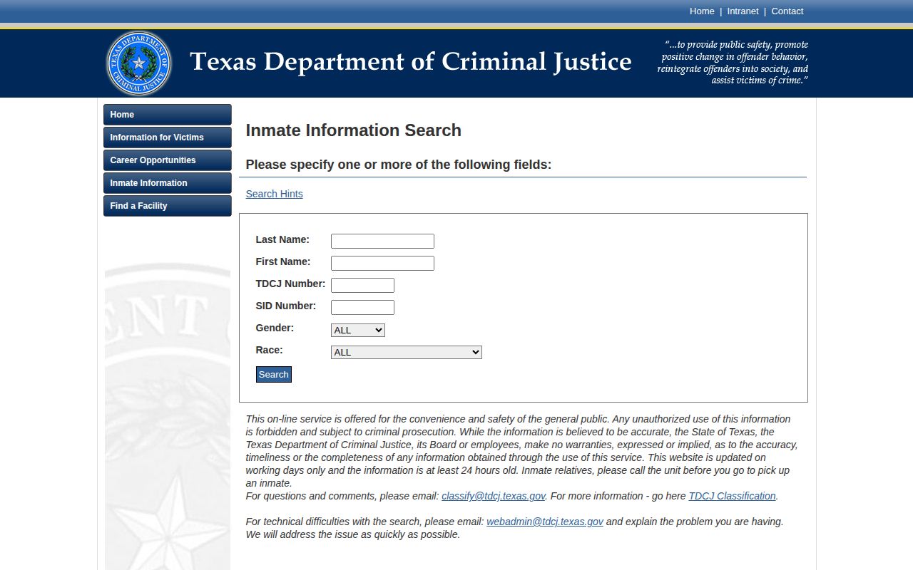 Texas TDCJ offender search and release information screens